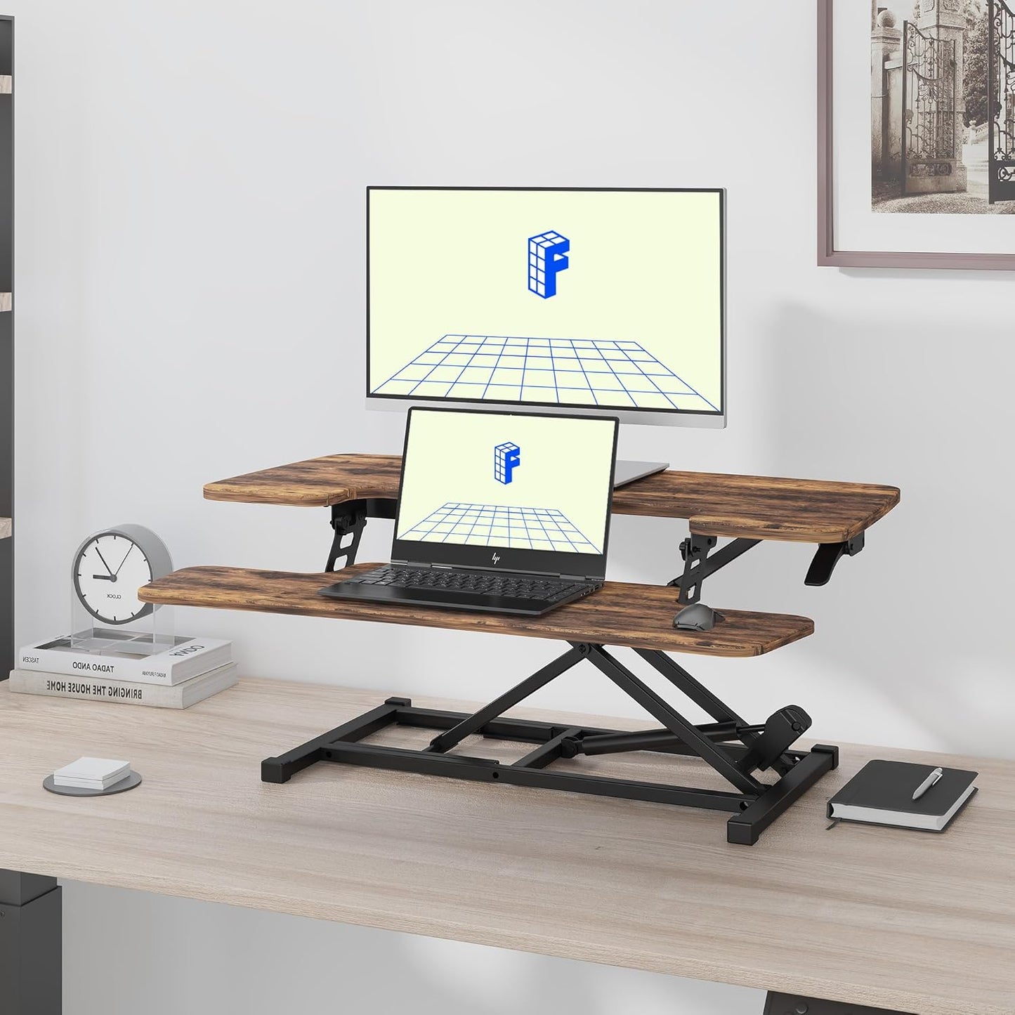 FLEXISPOT 35" Height Adjustable Standing Desk Converter Sit-to-Stand Desk Riser with Wide Keyboard Tray Workstation for Home and Office, Rustic Color