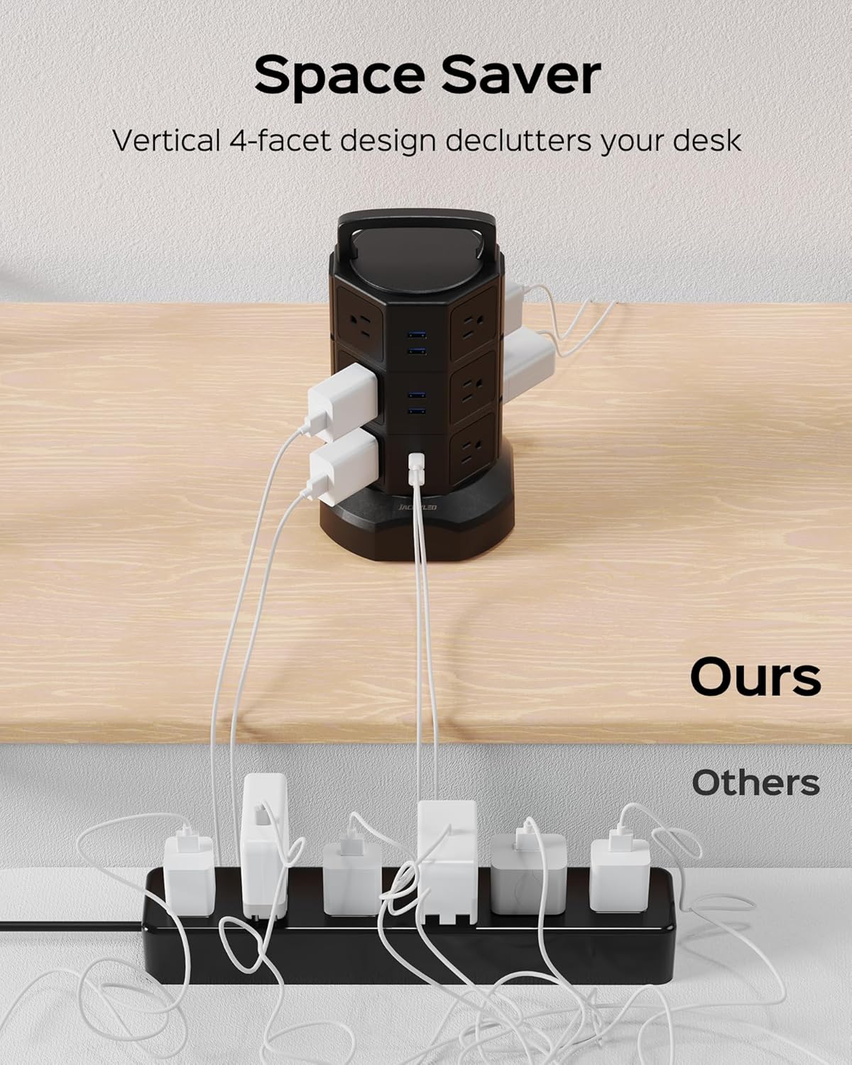 Power Strip Tower Surge Protector, JACKYLED 1625W 13A Outlet Surge Electric Tower, 12 Outlets 6 USB Ports Charging Station with 16AWG 6.5ft Heavy Duty Extension Cord for Home Office Dorm Black