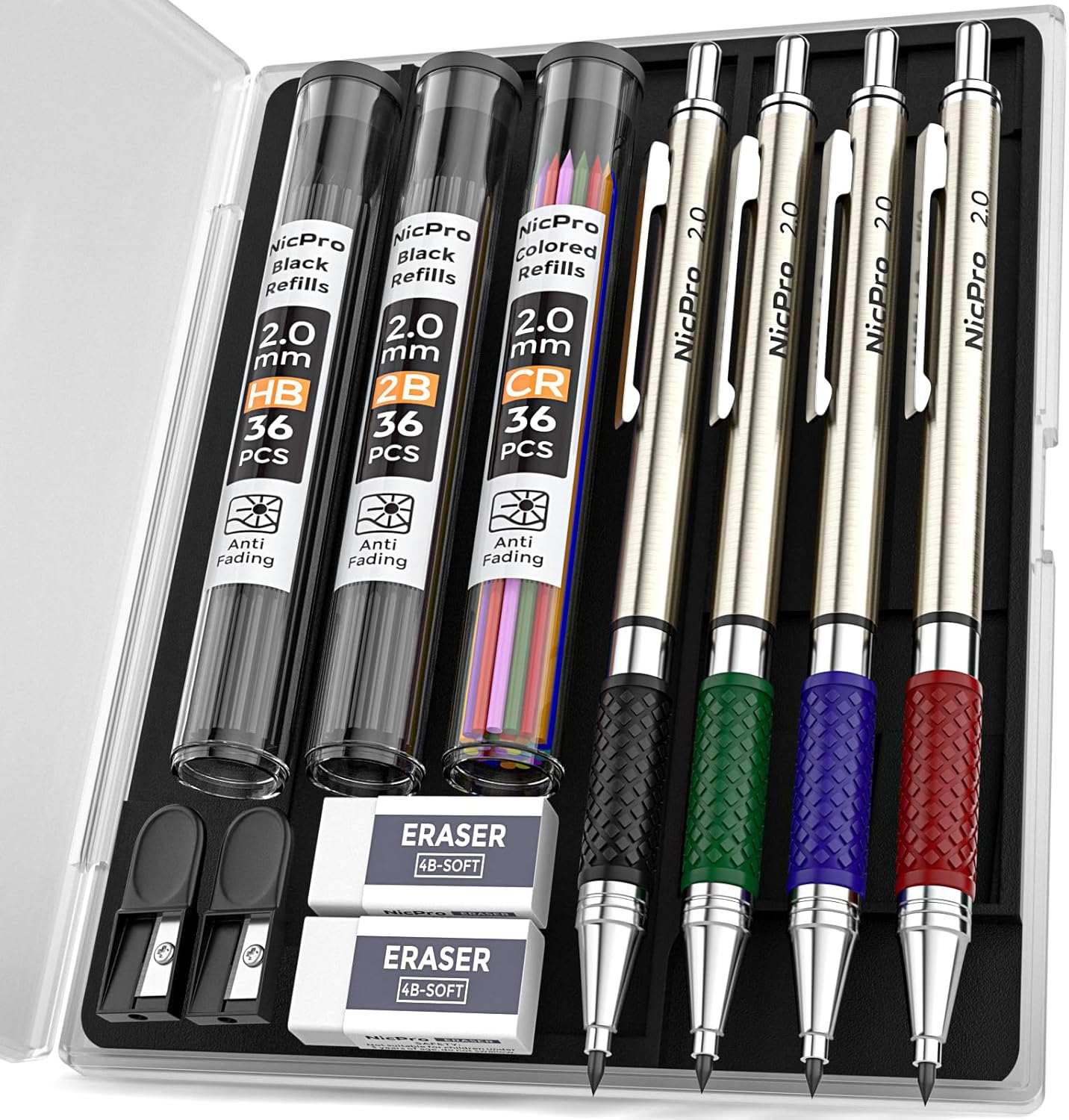 Nicpro 4 PCS Premium 2.0 mm Mechanical Pencils Set, 108 Colored & Black (HB 2B) Lead Refills, Art Metal 2mm Carpenter Pencil with 2 Erasers, 2 Sharpeners for Drafting Sketching Drawing with Case