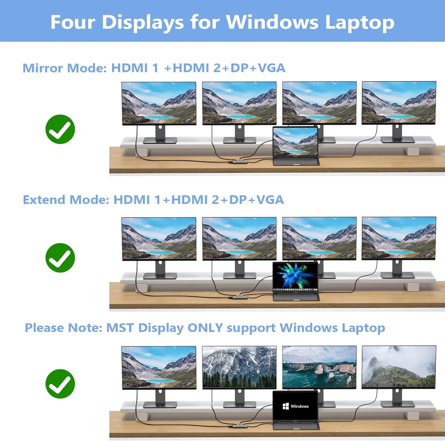 USB C Docking Station Dual Monitor Adapter for Dell HP, Laptop Docking Station 3 Monitors Quad Display USB C Hub Dongle to 4K HDMI+DP+VGA,3 USB2.0,100W PD,8 in 1 Thunderbolt Dock for Lenovo,Surface