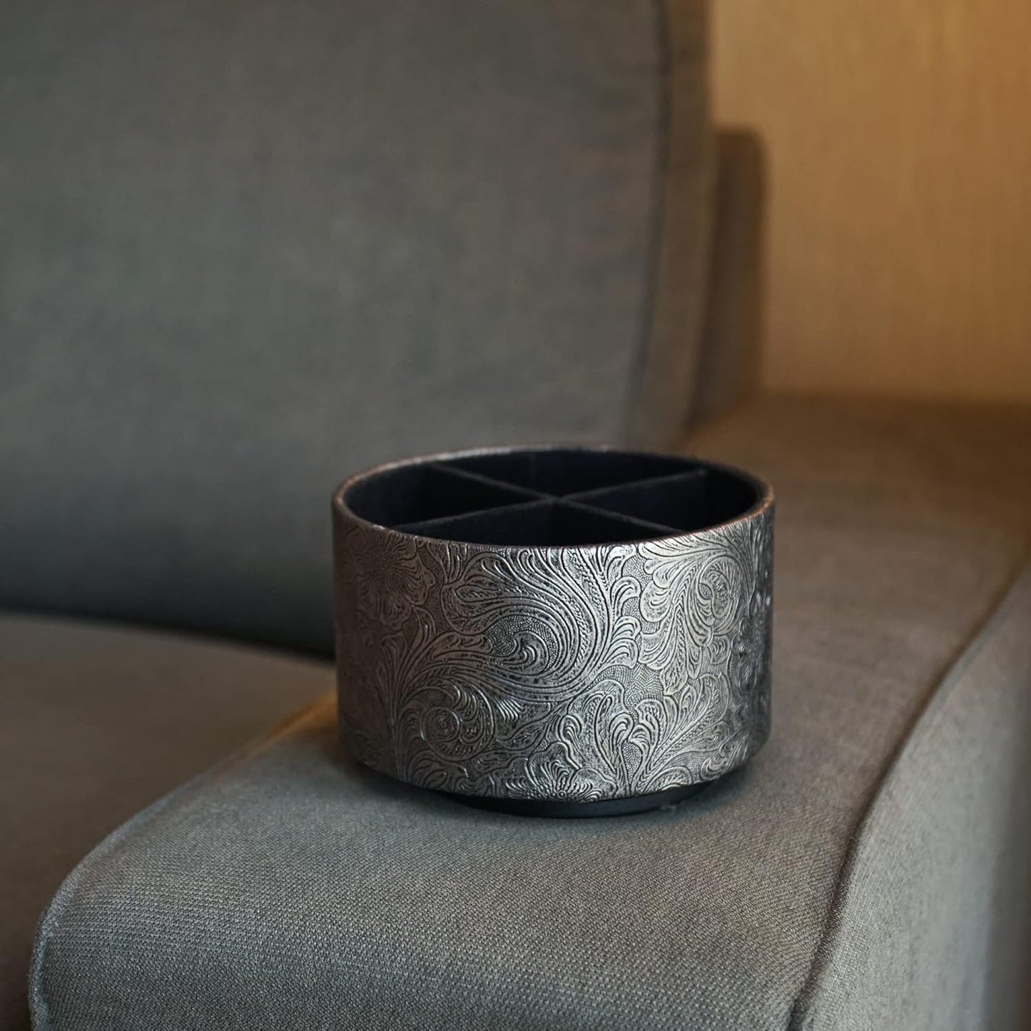 lizimandu Round Leather Art Supply Organizer,Remote Control Holder,360 Degree Spinning,Multi-Functional Pencil Holder,4 Compartments Desktop Stationary Organizer(1-Grey)