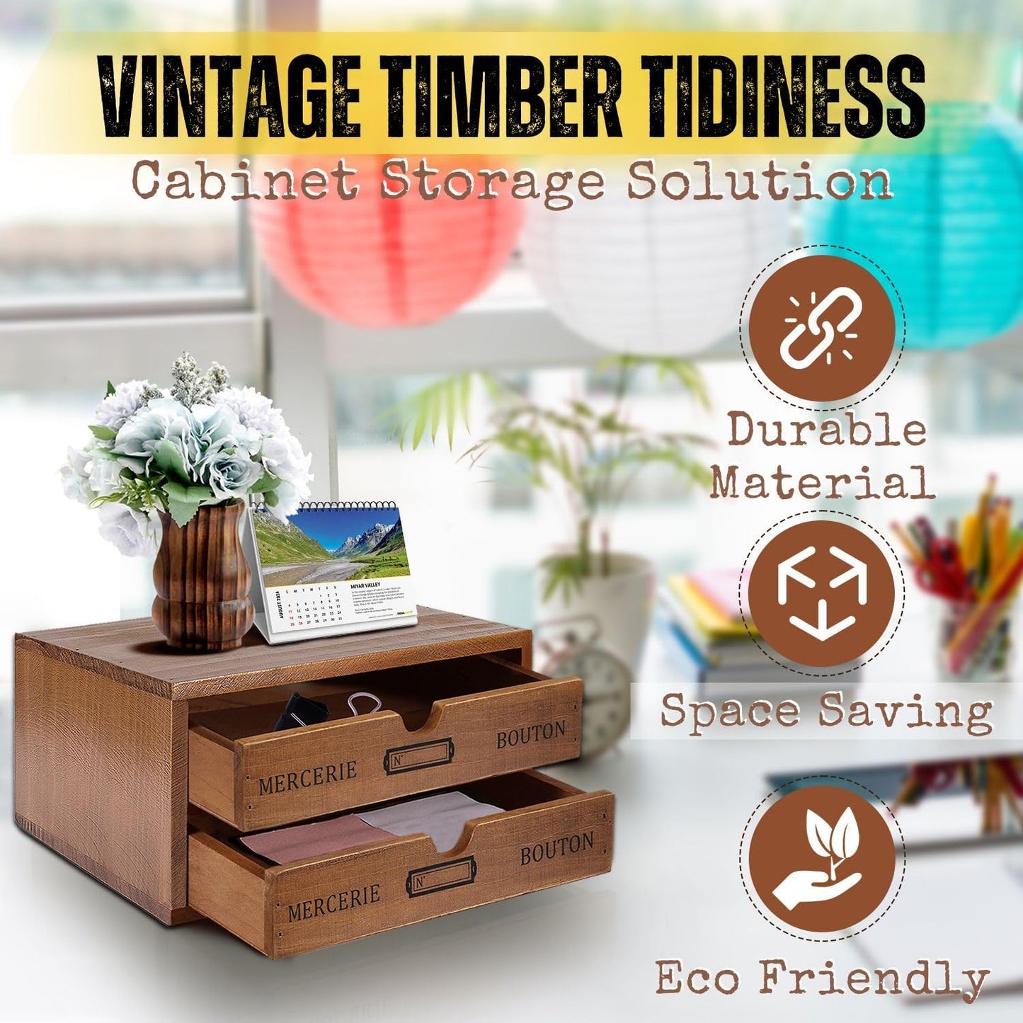 Flexzion Wooden Desktop Office Supplies Organizer with 2 Storage Drawers Set, 2-Tier Wood Tabletop Cabinet, Countertop Desk Accessories Box, for Home Workspace Counter Vanity Decor Art Craft Tool Mail