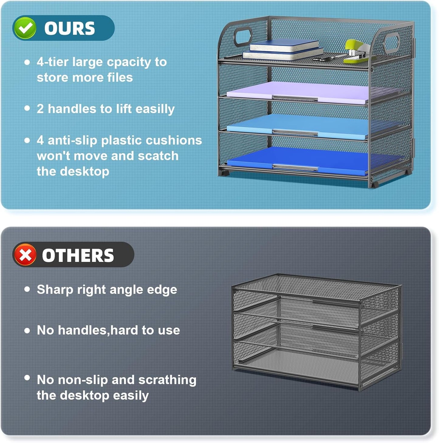 Marbrasse 4 Tier Paper Organizer Letter Tray - Mesh Desk File Organizer with Handle, Paper Sorter Organizer for Letter Office File Folder Holder (Grey, 12.6" x 9.1" x 10.7")