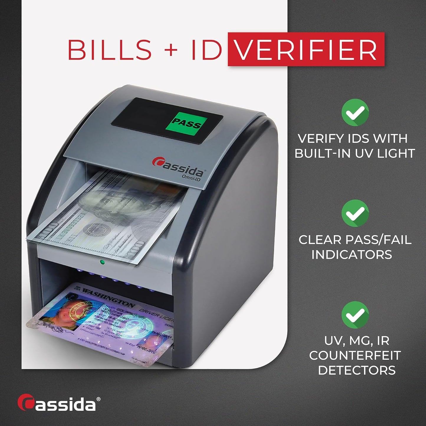 Cassida Omni-ID 2-in-1 Currency Counterfeit Detector with UV Identification Verification Lights – Bill Checker with Infrared, Magnetic and Ultraviolet Sensors - Easy to Read PASS/FAIL Display