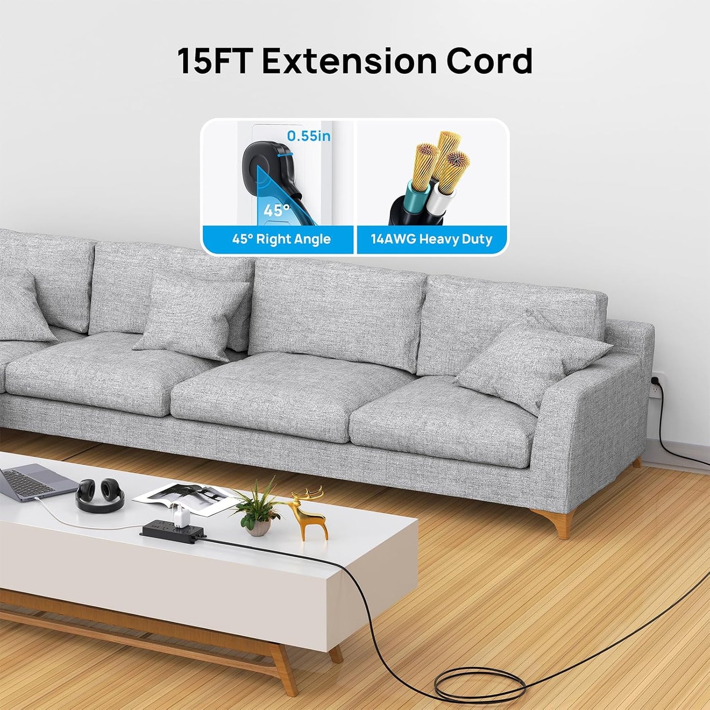 TROND Surge Protector Power Strip, Flat Plug 15ft Long Extension Cord, 7 Widely-Spaced Outlets with 3 USB Ports, ETL Listed, 1700J, Wall Mountable, for Home Office Garage, Black