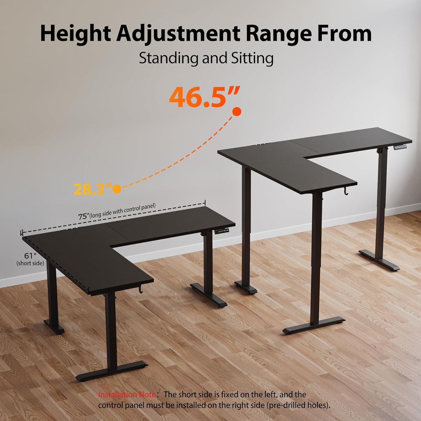 Agilestic L-Shaped Standing Desk Adjustable Height, Electric Corner Standing Desk, Sit Stand Up Desk, 75x61 inch Sit Stand Computer Table, Black