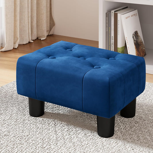LUE BONA Small Tufted Foot Stool, Velvet Ottoman Elegant Foot Stools Ottoman with Plastic Legs, 9''H, Rectangle Footstool for Adult with Non-Slip Pads,Foot Rest for Living Room,Couch, Navy Blue