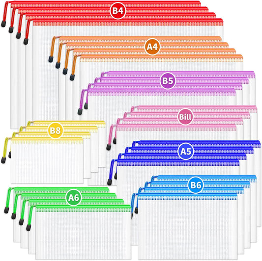 Smarpau 32pcs Zipper Pouch, 8 Sizes 8 Colors Mesh Zipper Pouches for Organizing, Waterproof Plastic Zipper Storage Bags for Board Game Storage, Travel, Office Supplies