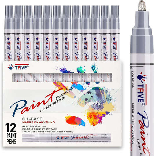TFIVE Silver Paint Pens Markers - 12 Pack Oil Based Permanent Marker, Medium Tip, Never Fade, Quick Dry, Waterproof Paint Pen for Rocks Painting, Wood, Fabric, Plastic, Canvas, Glass, Metal