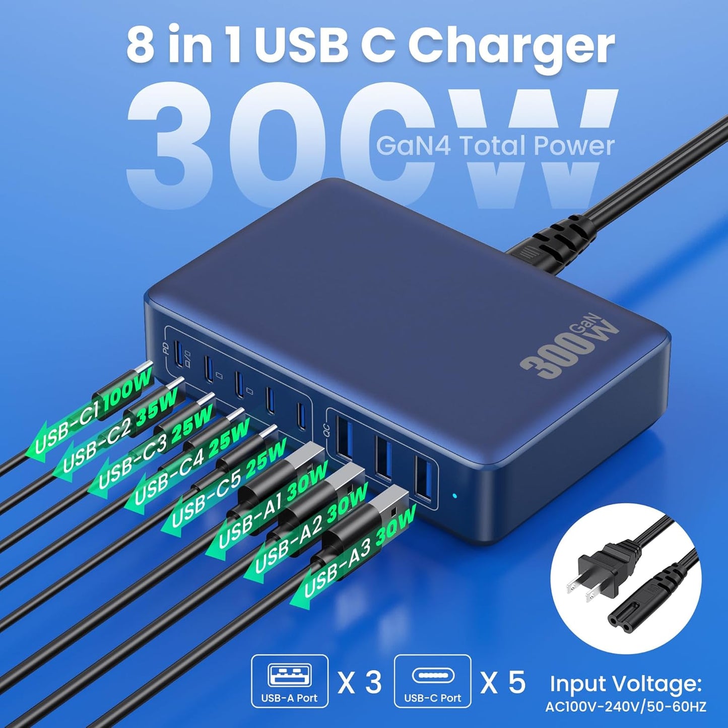 USB C Charger 300W USB C Charger Block 8-Ports GaN IV Fast Charging Station,PD 100W Laptop Charging Hub Wall Charge Adapter Compatible with MacBook/Air,DELL,Steam Desk,iPhone 16/15/14,Galaxy