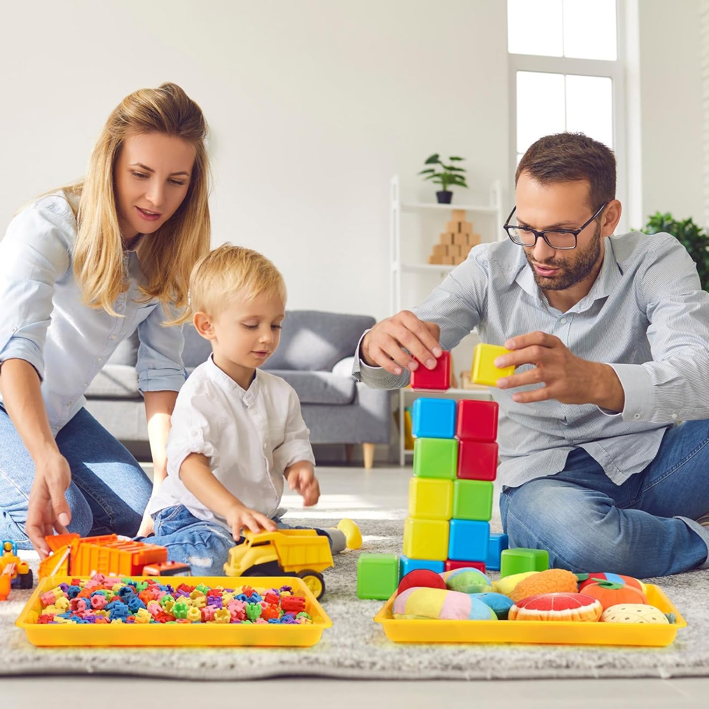 Maitys 15 Pcs Flat Plastic Trays 16.1 x 11.8'' Sensory Storage Paper Tray Stackable Classroom Bins for Office Home Organizer Crafts Supplies(Yellow)