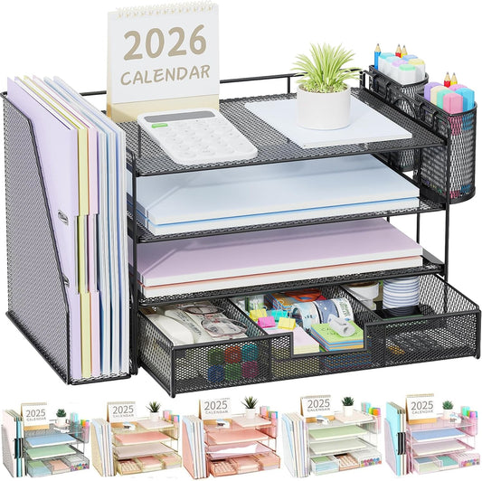 gianotter Desk Organizers and Accessories with File Holder, 4-Tier Desk Accessories & Workspace Organizers with Drawer and 2 Pen Holder, Paper Organizer for Office Supplies (Black)