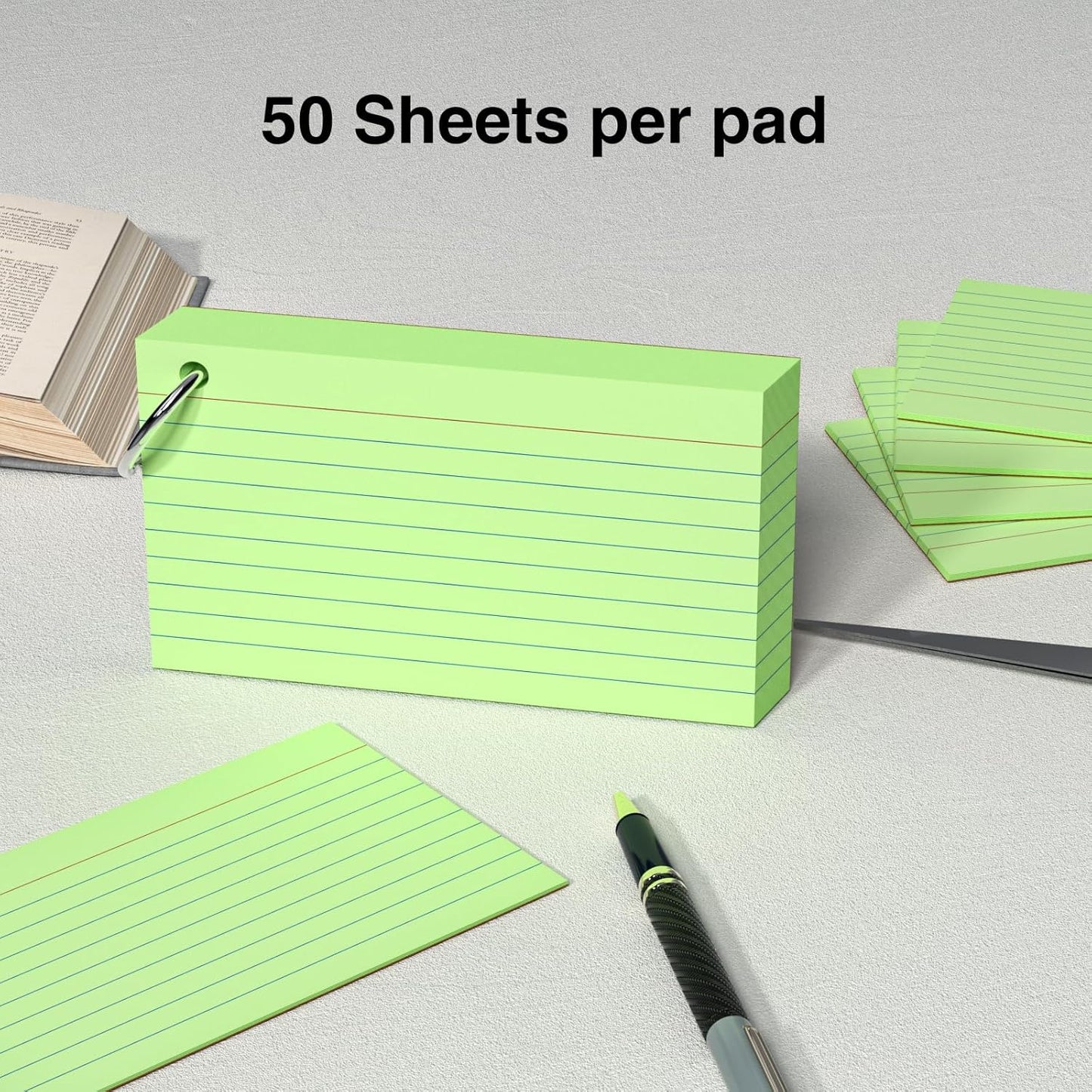 250 Count Green Index Cards 3x5 Inch with Key Ring, Color Flash Index Card (50 Sheets Each), Durable & Portable Note Taking for Students, Teachers, Study Note Cards for Office Home School