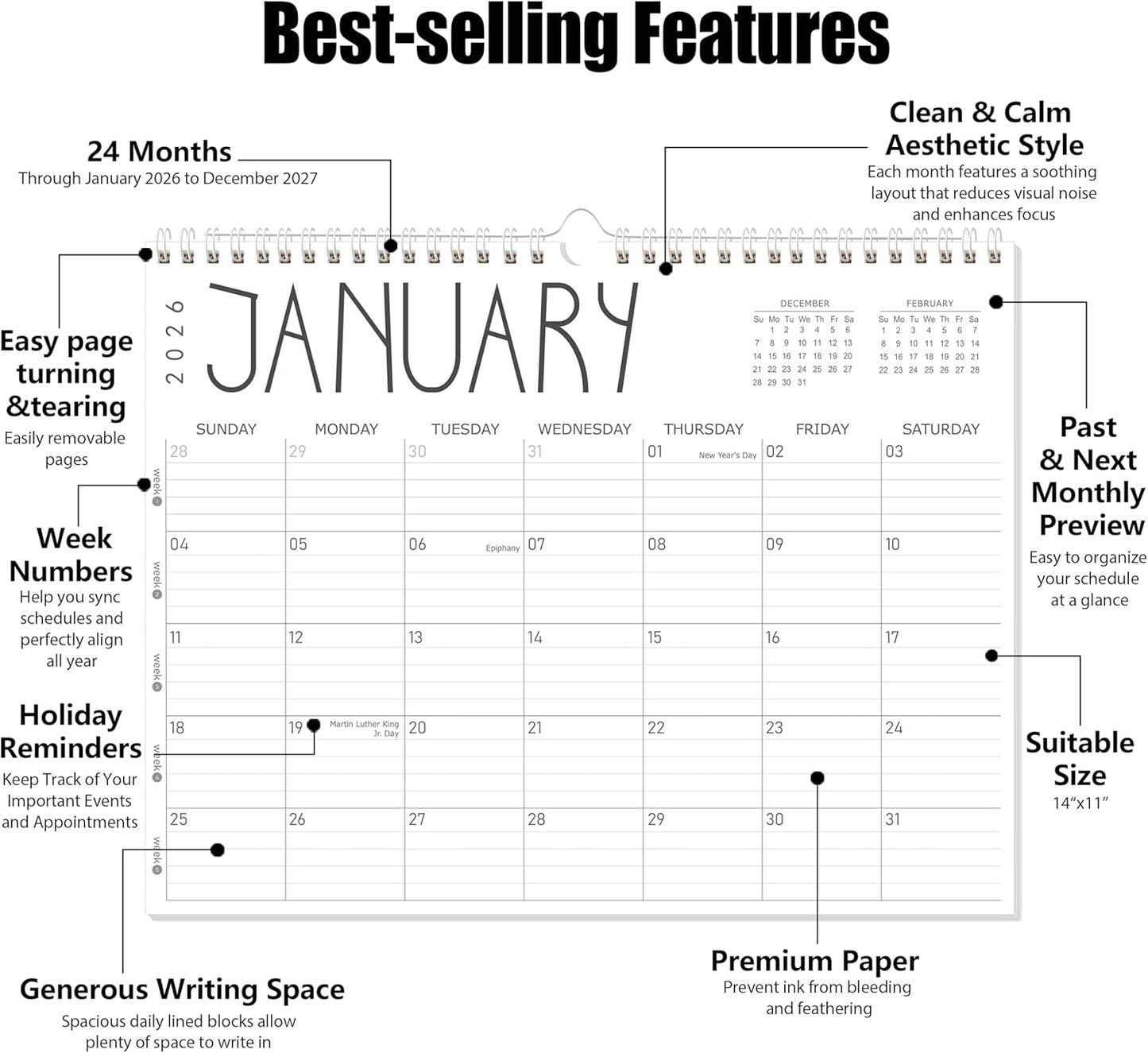 GuassLee Wall Calendar 2026-2027, 24-Month Wall Calendar Runs from January 2026 until December 2027,14" X 11" Hanging Monthly Planner with Thick Paper, Ruled Blocks for Home School Office Organizing