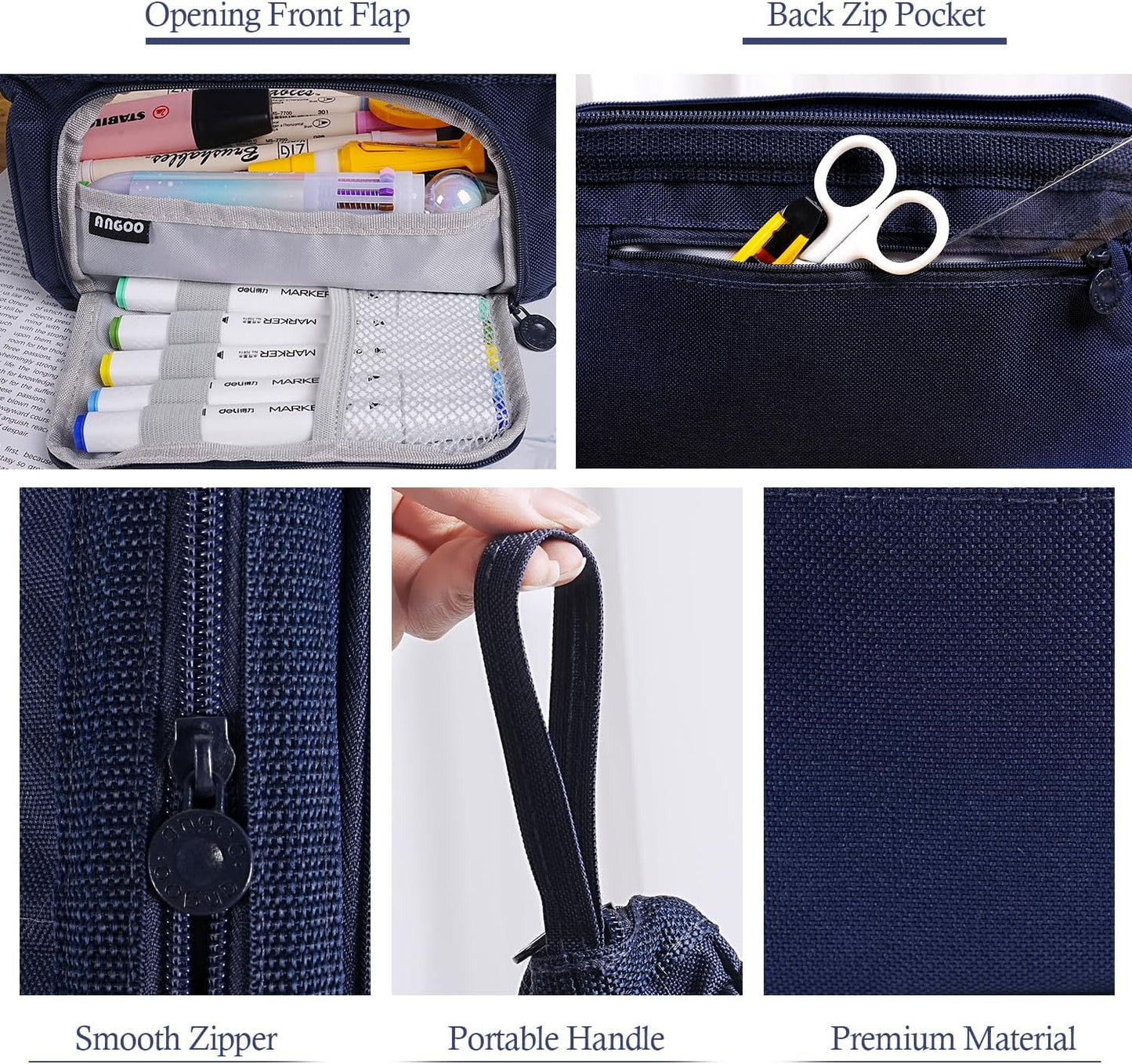 Pencil Case Pouch Large Capacity with Compartments, Pencil Case Pouch Bag with Zipper Handle for Teen Girls Boys Adults Women Men, Portable Pen Bag Stationery Organizer for Office School Travel, Navy