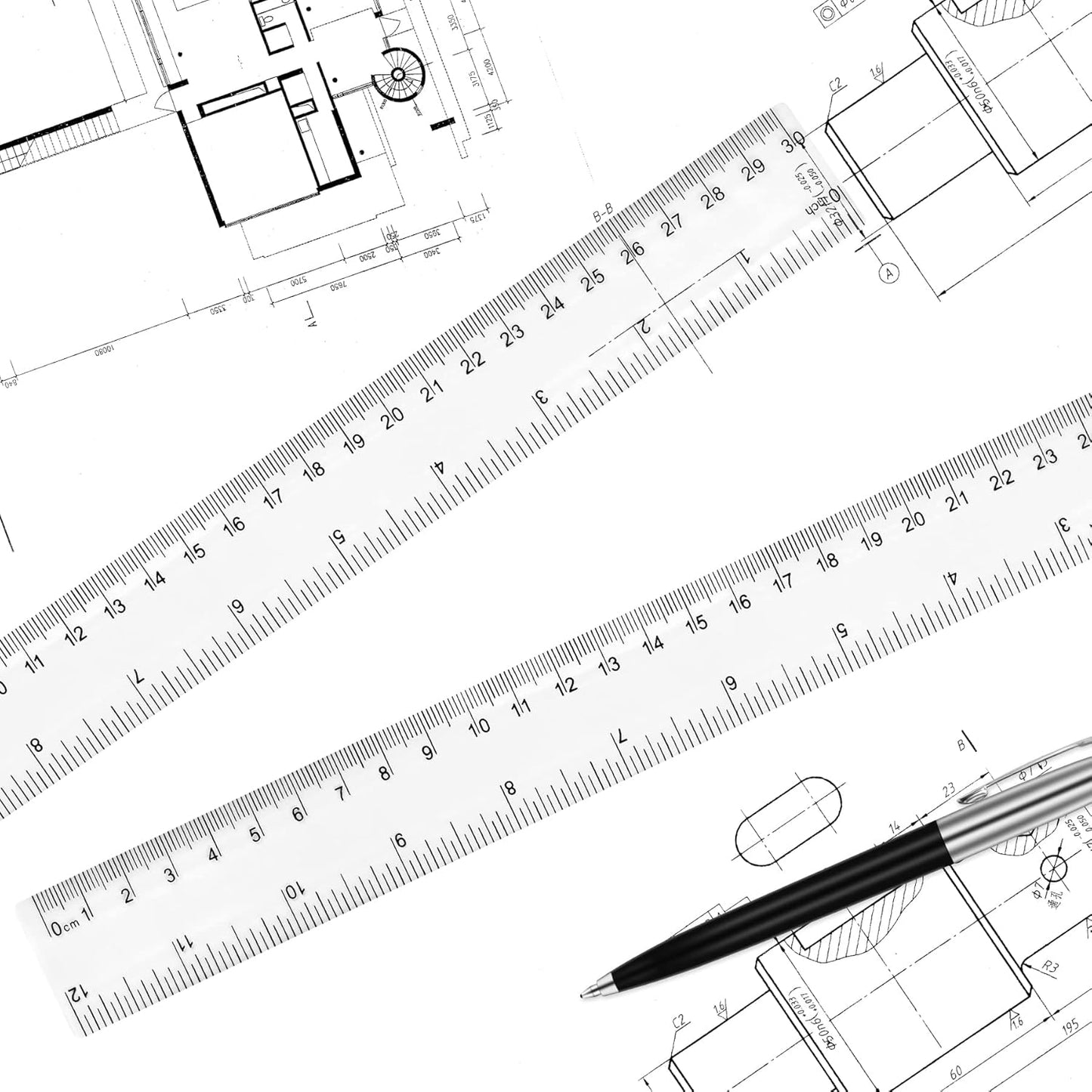 Clear Plastic 12 Inch Straight Ruler, Shatterproof With Inches and Centimeters for School Classroom, Home, or Office (2pcs)