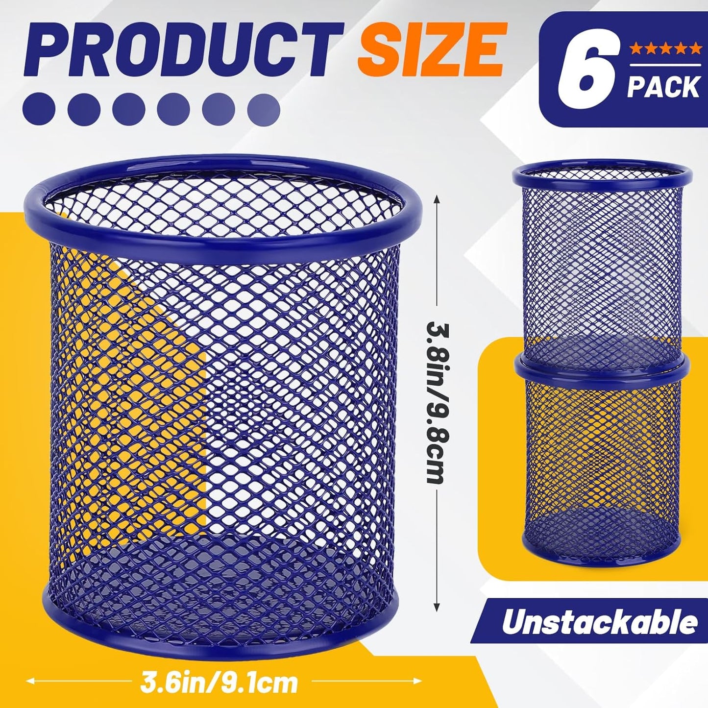 Segarty Pen Cup, 6 Pack Round Cute Dark Blue Pen Holder for Desk, Wire Mesh Pencil Holder Container Set, Desktop Organizer for Office Supplies, Maker, School, Home Storage, Makeup Brush