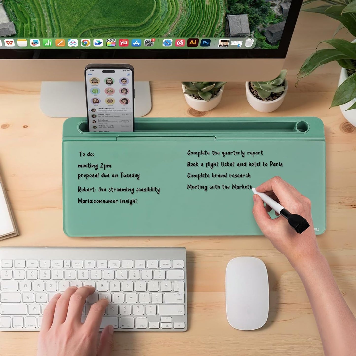 Varhomax Glass Desk Whiteboard with Storage, Desktop Organizer to-do List Memo Notepad Dry Erase White Board for Home Office and School Supplies (Green)