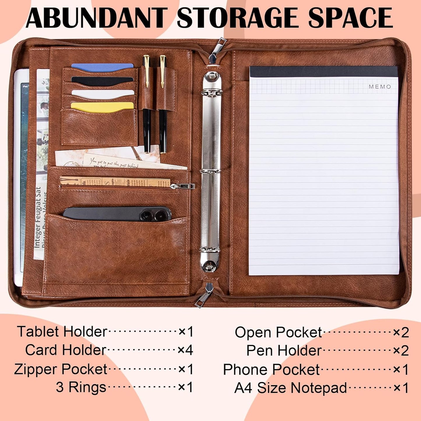 Calfinder Personalized Padfolios Portfolio Binder,3 Ring Leather Binder with Zipper,Professional Padfolios for Women&Men, Business Portfolio Organizer for Resume, Leather Folder for Ipad