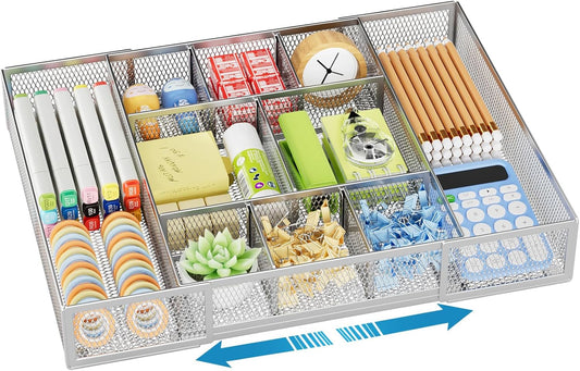 Marbrasse Expandable Desk Drawer Organizer, Mesh Tray with 10 Adjustable Compartments, Desk Organizers for Office Supplies, Makeup & Vanity (Expandable-Silver)