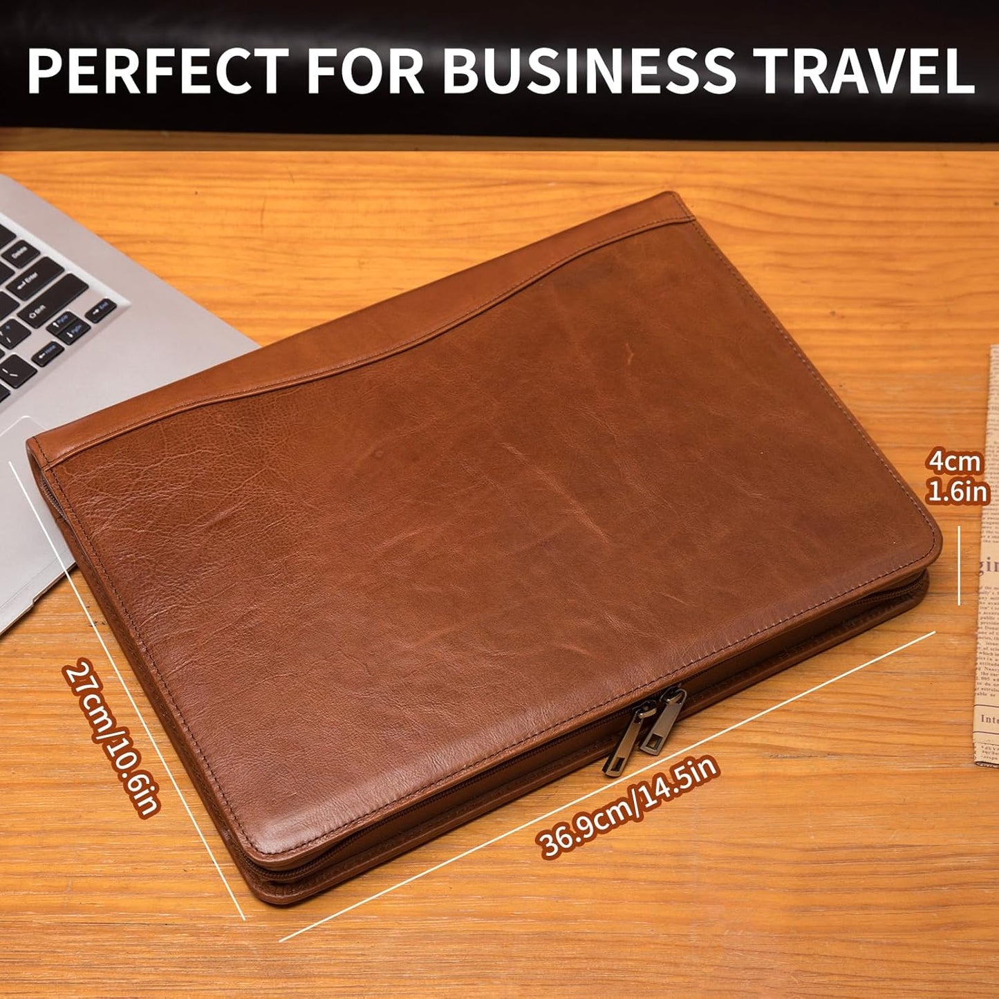 Personalized Genuine Leather Portfolio, Legal Size 8.5 x 14 Pad Holder, Custom Engraved Business Padfolio for Men Women, Zippered Laptop Organizer, Professional Notepad Folio, Brown, Oil Tanned