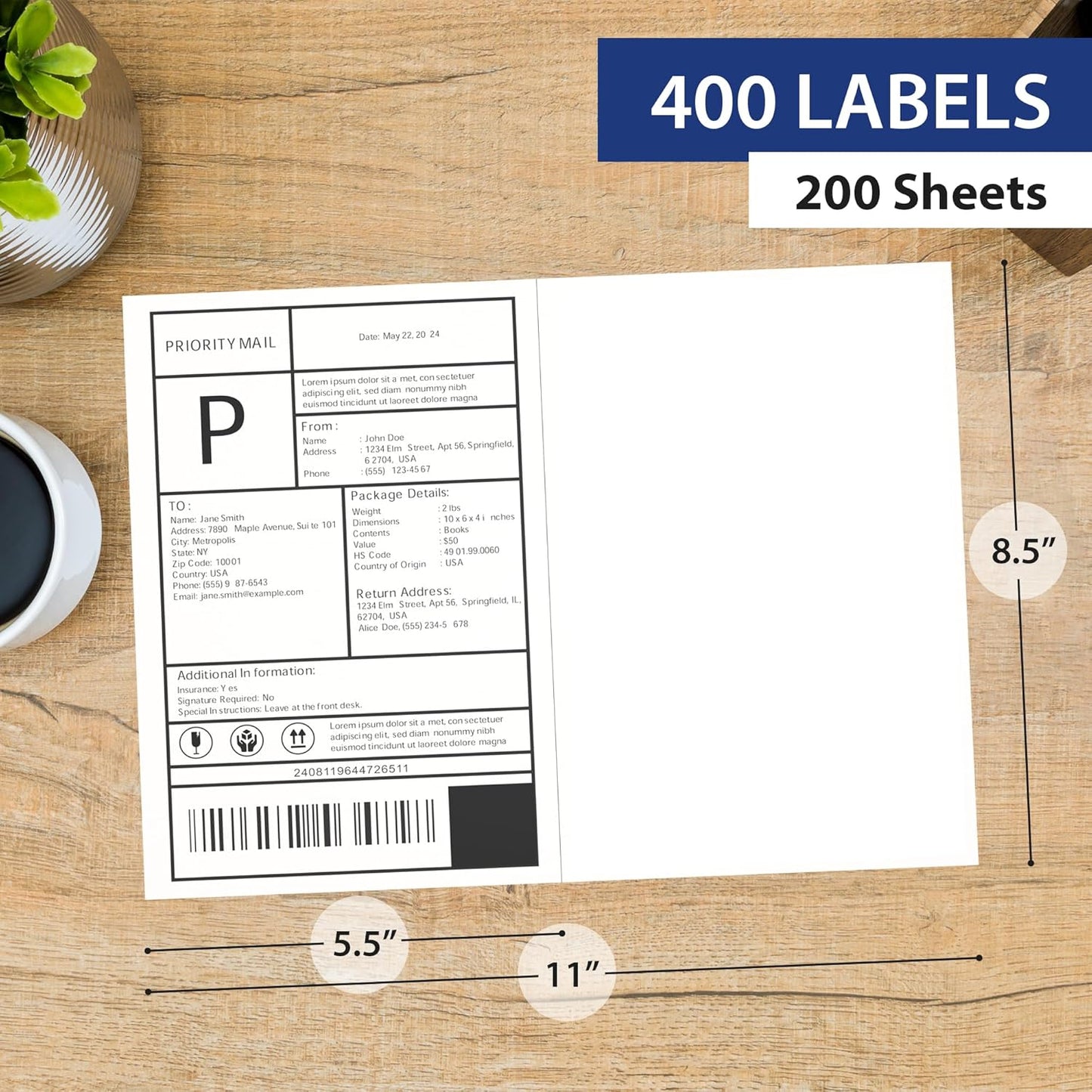 200 Sheet (400 Labels) | 8.5" x 11" Half Sheet Self Adhesive Shipping Labels for Laser & Inkjet Printers | Ecommerce, Address, Mailing, Labeling, Packaging