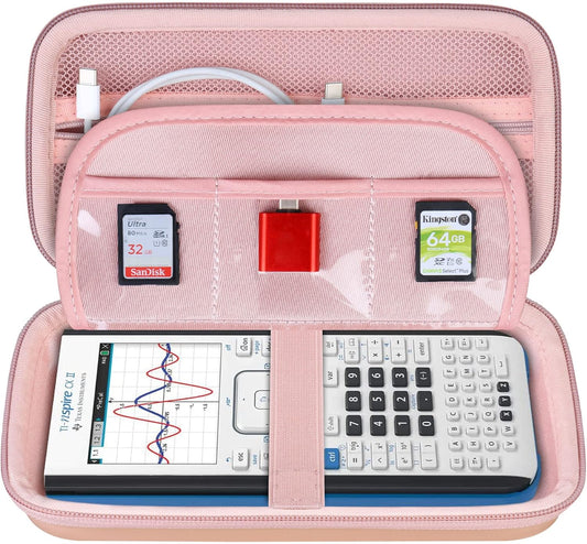 BOVKE Calculator Travel Case for Texas Instruments TI-Nspire CX II CAS/CX II/CX/CX CAS Graphing Calculators and More - Mesh Pocket for USB Charging Cables and Other School Supplies, Rose Gold