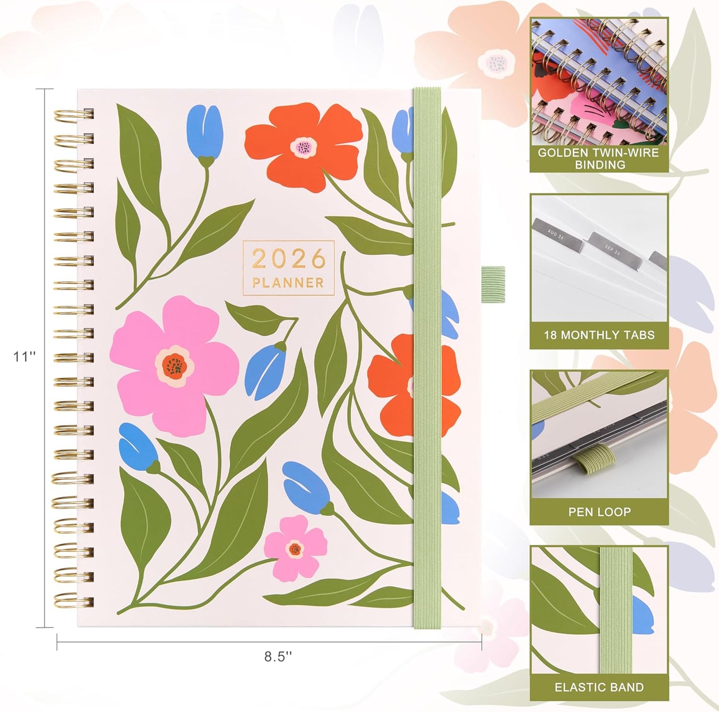 And Per Se 2026 Planner with Pattern, A4 Size-Daily, Weekly & 18-Monthly Leather Hardcover Planner, Daily Schedule, Monthly Tabs, 100 GSM Thick Paper(Botanical Floral)