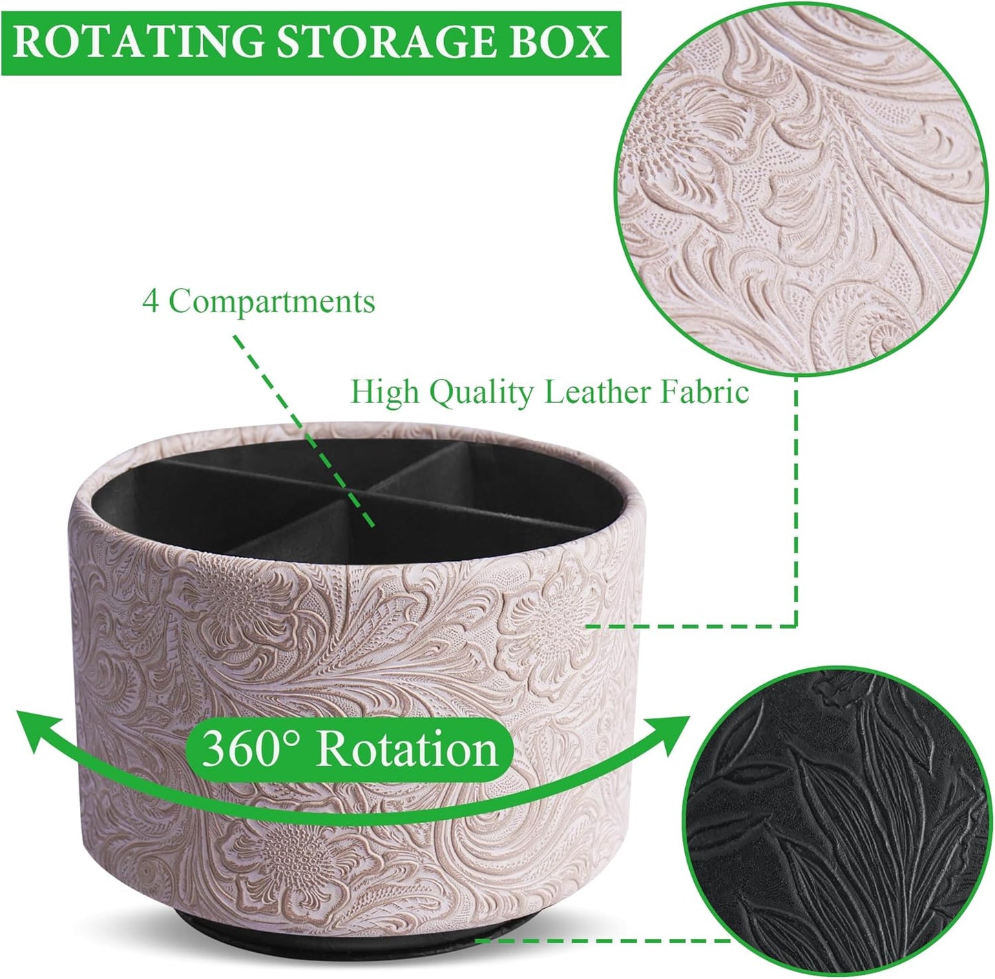 lizimandu Round Leather Art Supply Organizer,Remote Control Holder,360 Degree Spinning,Multi-Functional Pencil Holder,4 Compartments Desktop Stationary Organizer(1-Carved White)