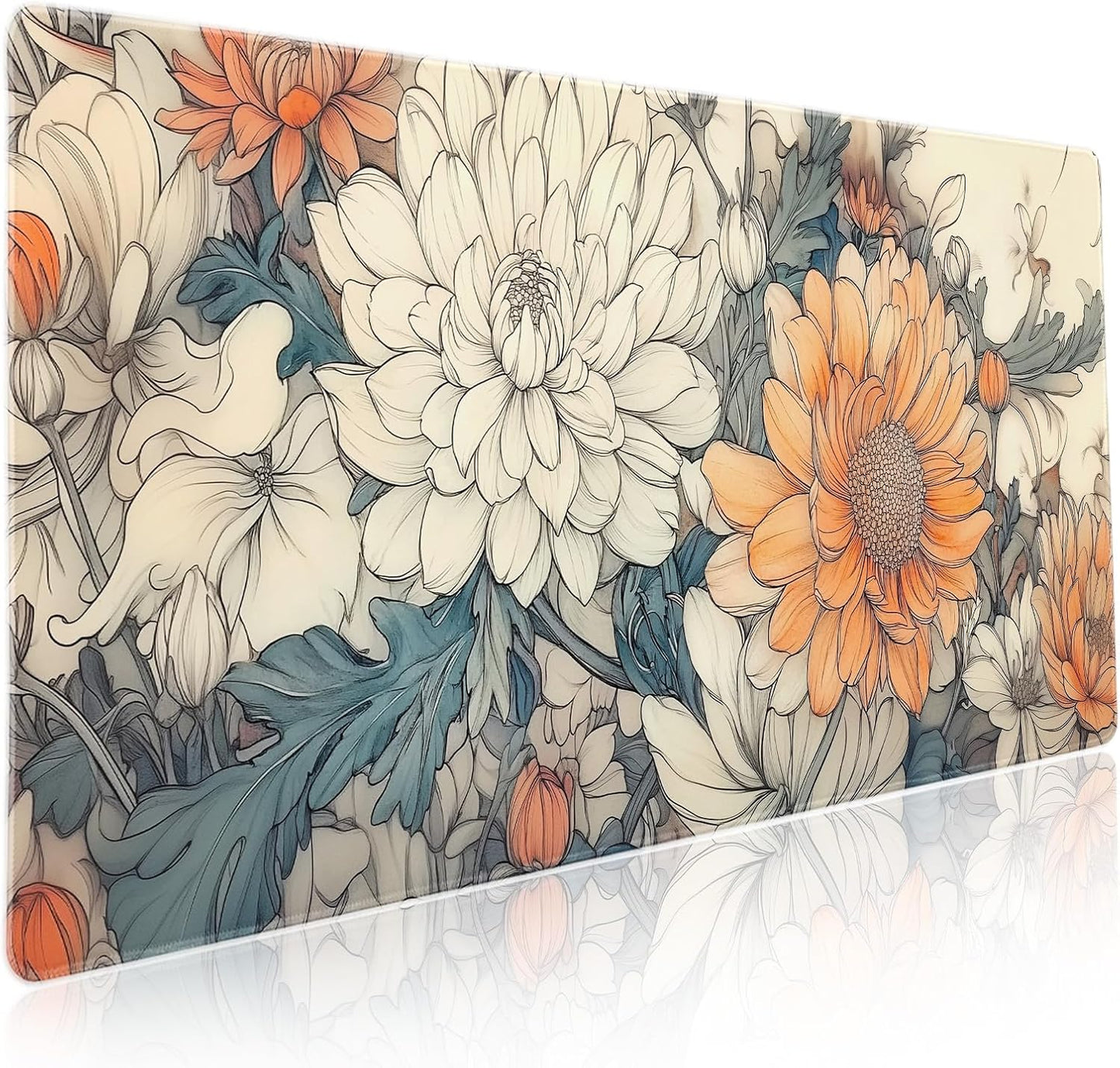 Minimalist Floral Gaming Mouse Pad XXL White Orange Aesthetic Flowers Japanese Extended Large Mat Mousepad Non-Slip Rubber Base Stitched Edge Keyboard Pad Playmat for Computer,35.4×15.7 Inch