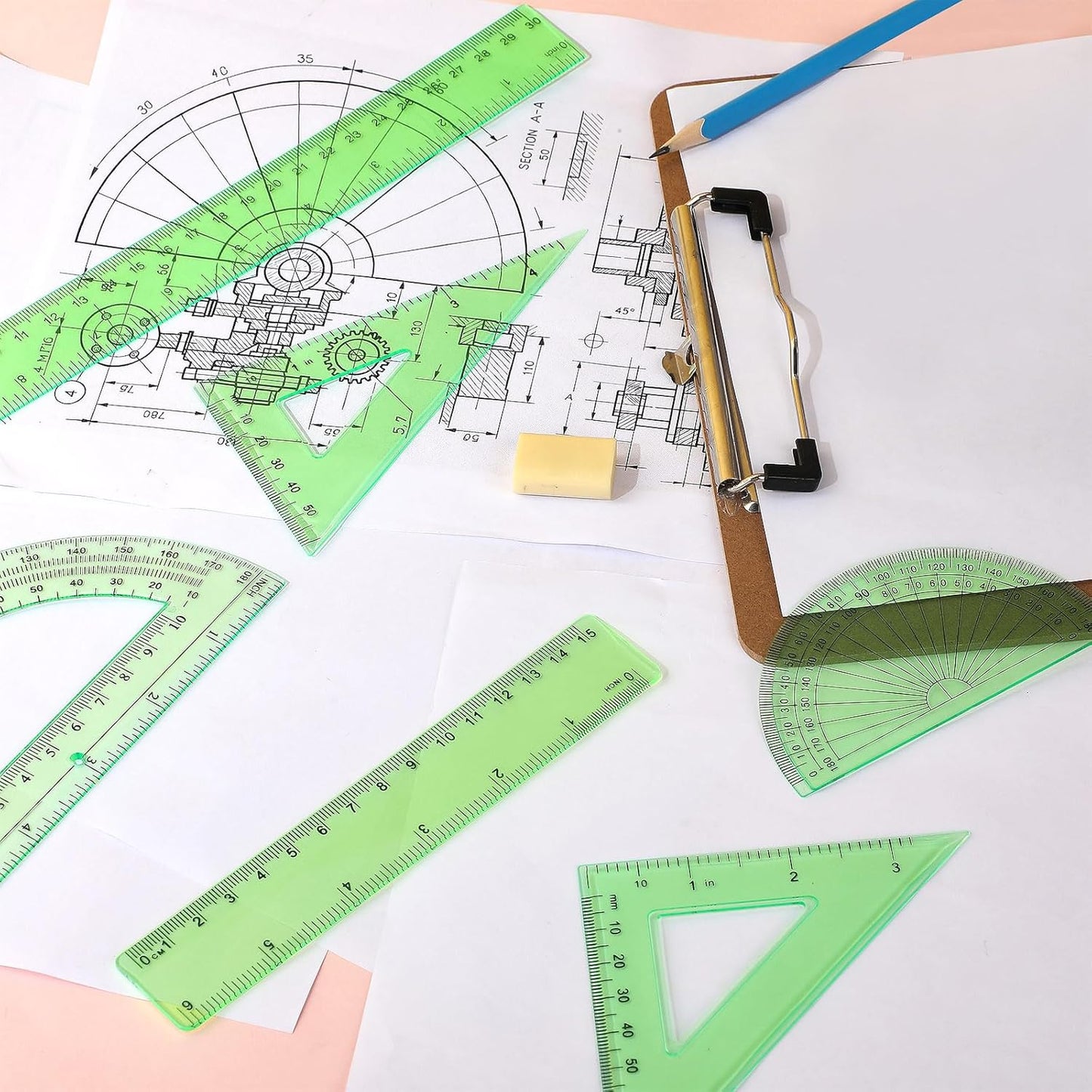 Tenare 1 Set Plastic Clear Math Set Includes Protractor Triangle Rulers 12 Inch 6 Inch Straight Geometry Math Transparent Ruler Measuring Tool for School Office Home Supplies (Green)