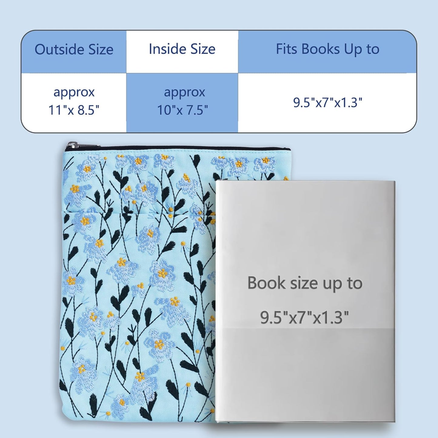 LParkin Daisy Flower Embroidery Book Sleeve with Zipper for Readers Protector Cover Gift for Book Lovers, 11x 8.5 Inch Washable Fabric, Daisy Blue