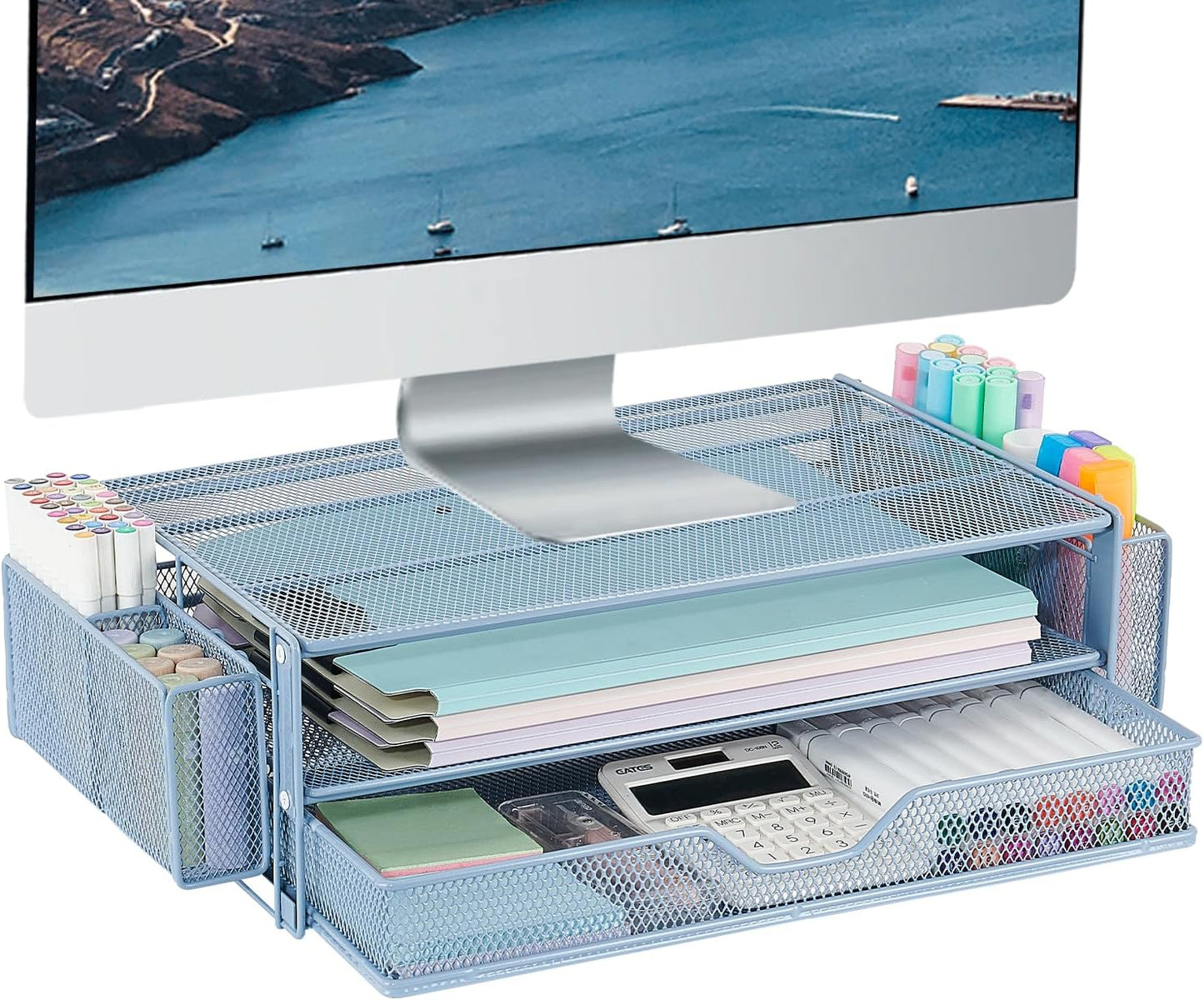 AUPSEN Computer Monitor Stands Riser，2-Tier Desk Organizers and Accessories, Office Desk Accessories Organizer with Drawers and 2 Pen Holder for Office Supplies (Blue)