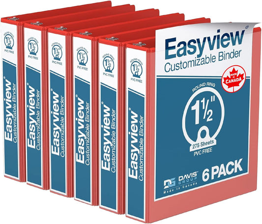 Easyview Premium 3-Ring Binders with Clear-View Covers and Round Rings, Binders for School or Office, 1.5 Inch, Pack of 6, Red