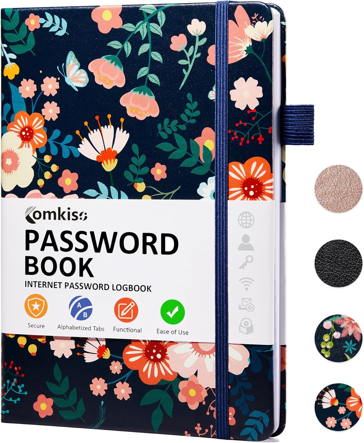 Password Book with Individual Alphabetical Tabs Laminated, Large Print Password Keeper Book for Seniors, A5 Hardcover Internet Password Log Book to Record Website Login Details - Floral