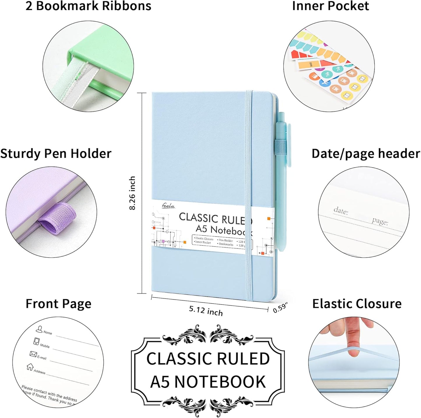 feela 5 Pack Notebooks Journals Bulk, Hardcover Classic Ruled Lined Journals with Pen Holder for Women Girls School Business Supplies, with 5 Black Pens, 120 GSM, 5.1”x8.3”, A5, Pastel Colors