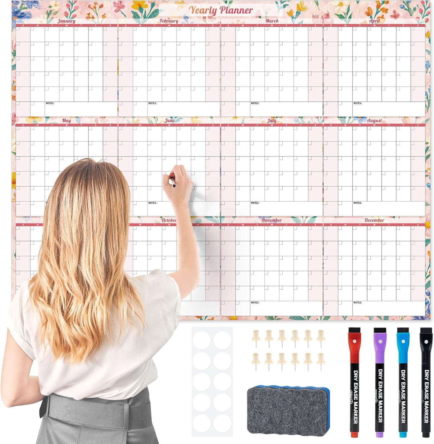 Ospelelf Undated Wall Calendar 2025 Large Laminated Dry Erase Calendar 36.6'' x 48'' Yearly 12 Month Family Calendar