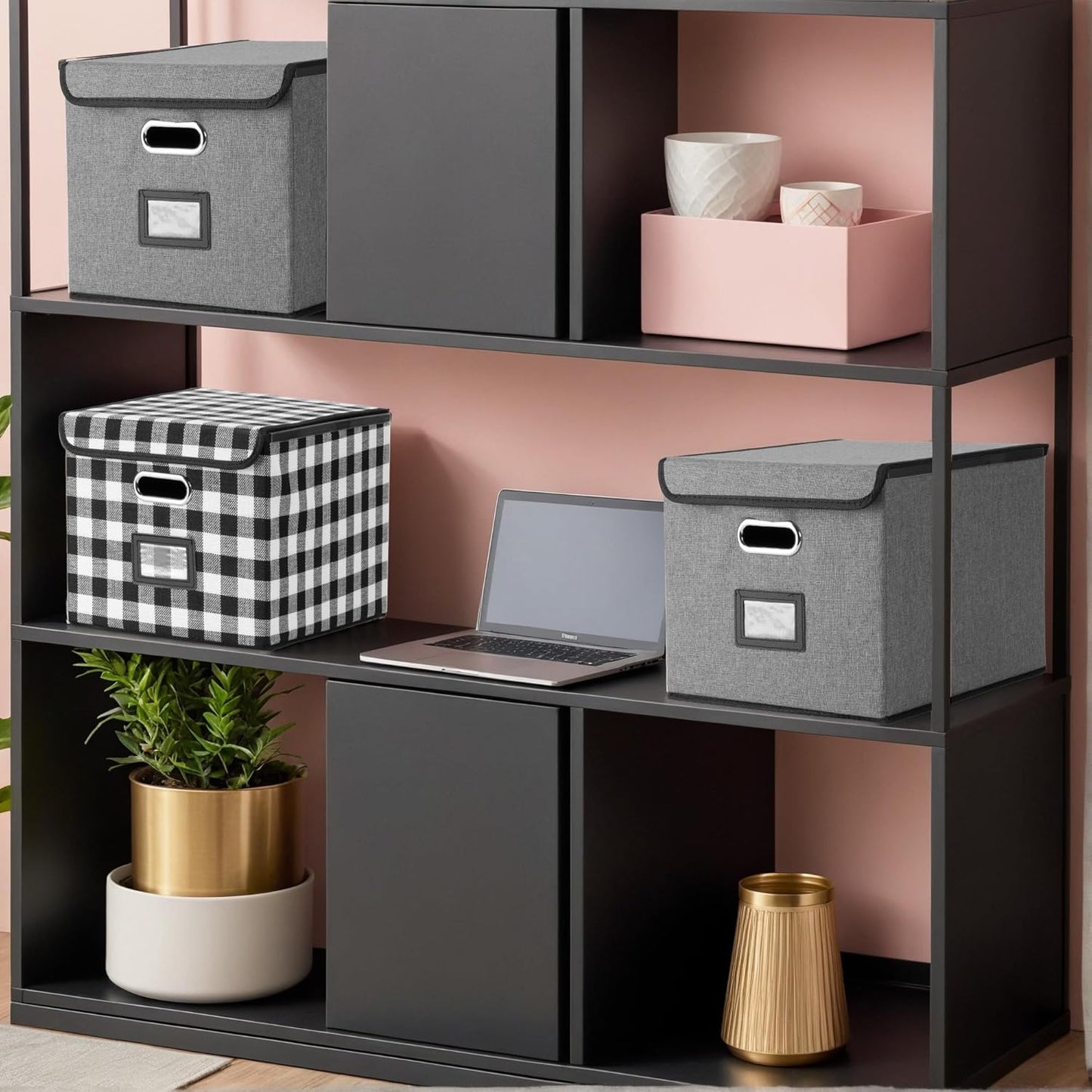 File Organizer Box, Linen Filing Organizer with Lid, Large Desktop File Boxes, Black and White Lattice