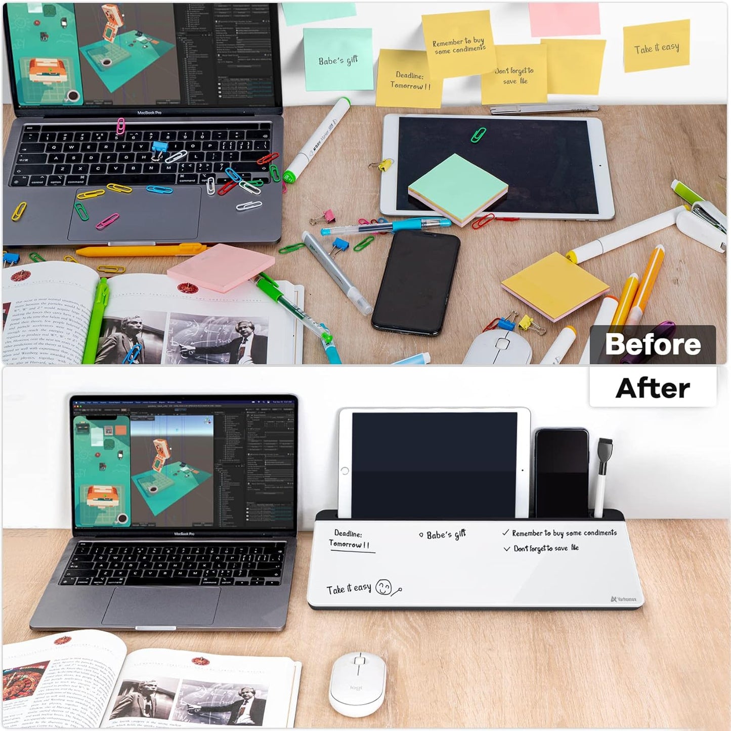 Varhomax Glass Desk Whiteboard with Storage, Desktop Organizer to-do List Memo Notepad Dry Erase White Board for Home Office and School Supplies (Black&White)