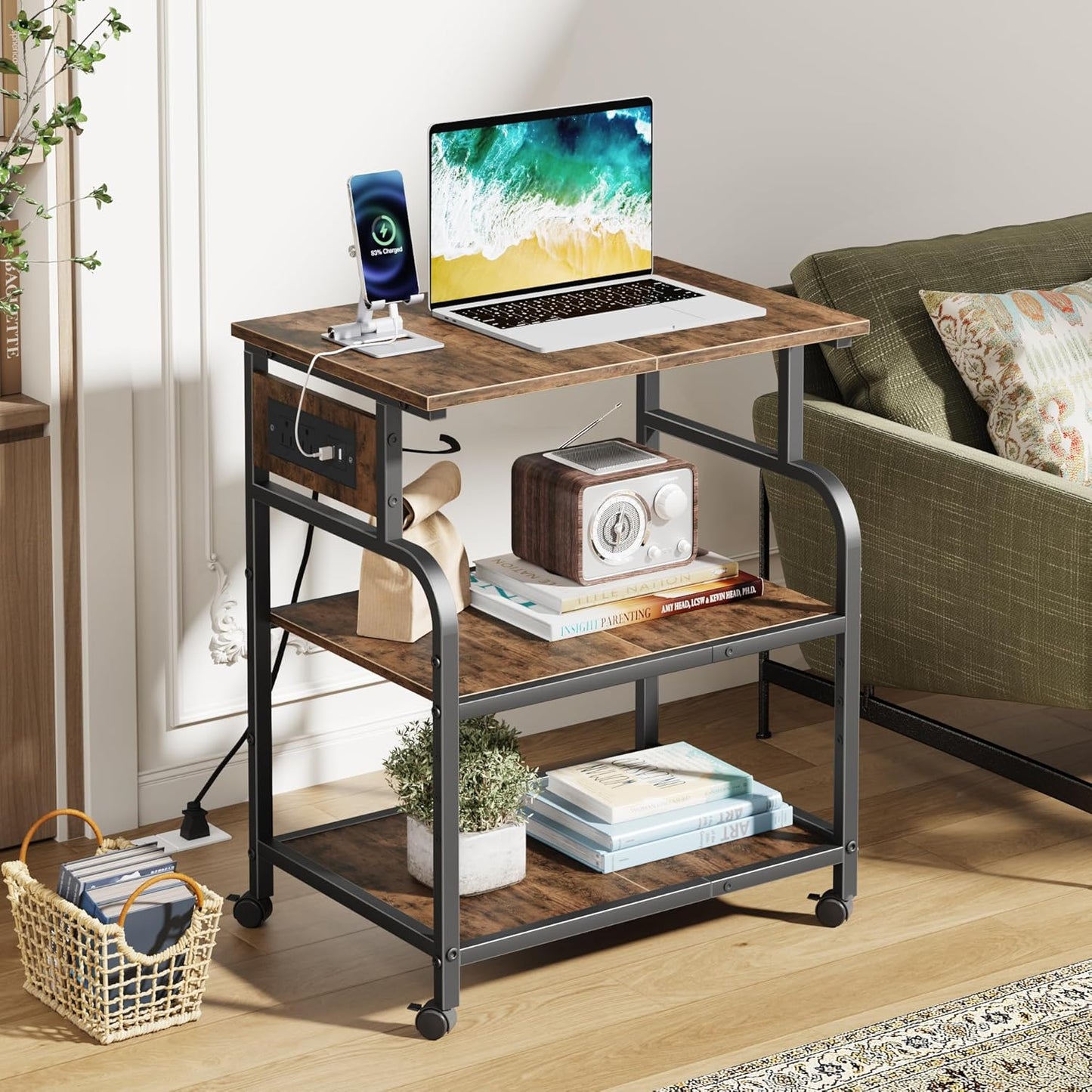 3 Tier Large Printer Stand with Power Outlet/Adjustable Storage Shelf, Rolling Cart with Wheels, Printer Table for Home Office 3D Printer/Heat Press/Laster, 22"×15" Rustic Brown