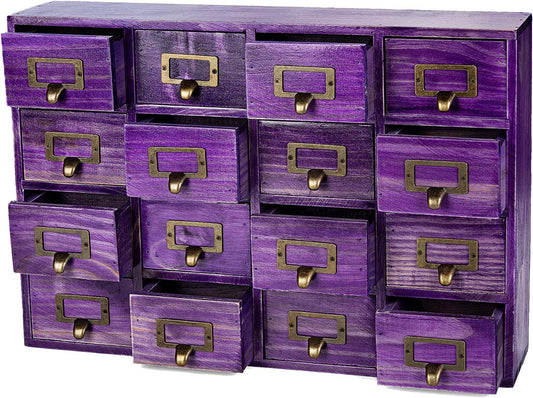 Purple 16-Slot Wooden Drawer Unit - Country Style Desk Organizer Box - 20"x3.6”x14” Wooden Storage Box w/ 16 Drawers - Countertop Drawers w/Label Holder & Handle - Slim 4-Level Organizer