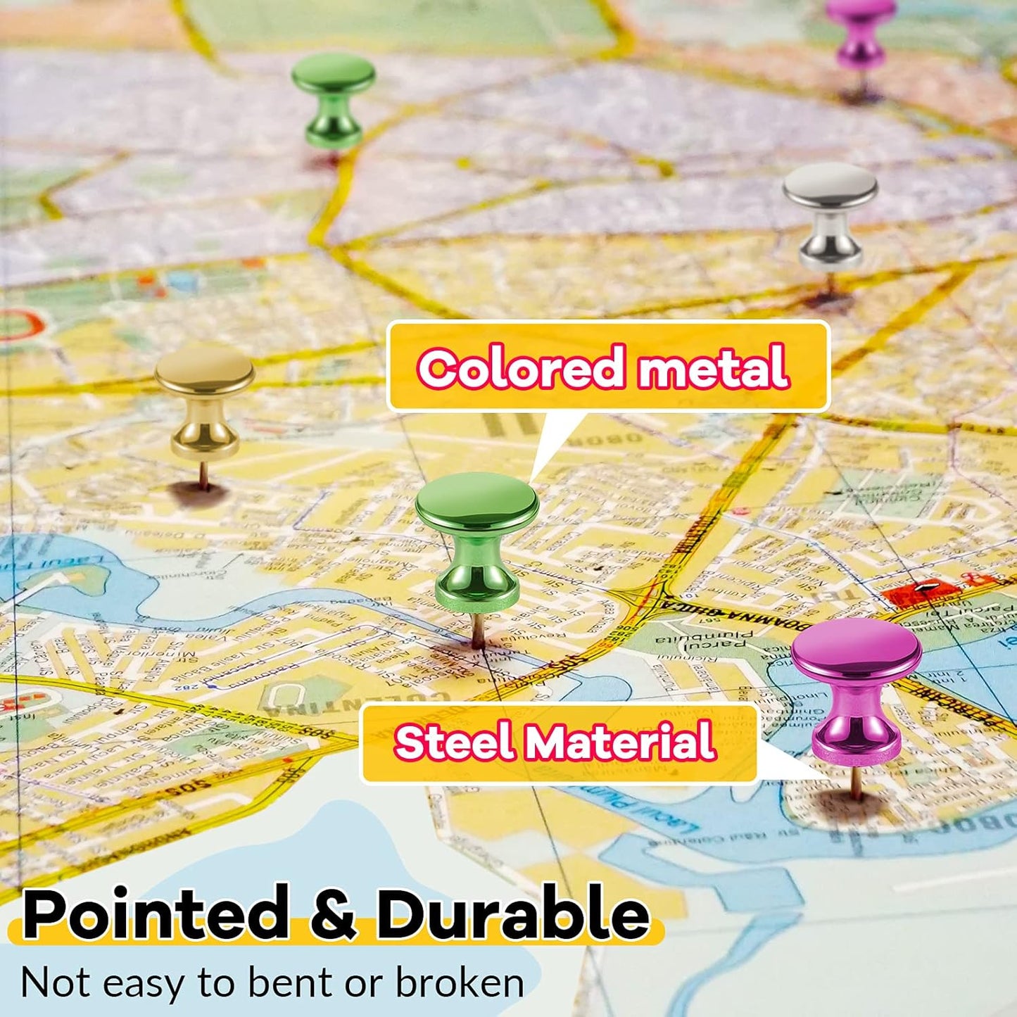 Outus 100 Pcs Giant Push Pins Large Thumb Tacks Plastic Heads 1 Inch Jumbo Push Pins for Cork Board Map Posters Office School(Purplish Red, Gold, Blue, Green, Silver)