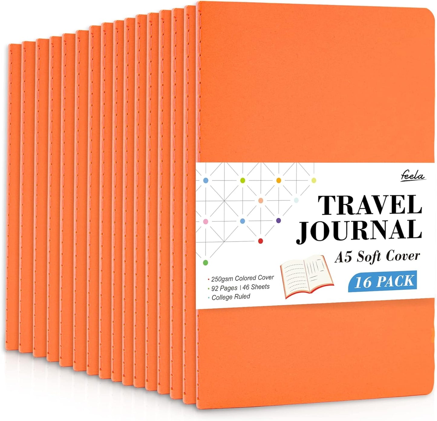 feela 16 Pack Soft Cover Journal Bulk, Lined Notebooks College Ruled for Work for Women Girl Writing, Blank Travel Journal Note Taking Notebook School Business Supplies, 8.2” x 5.5”, A5, Orange
