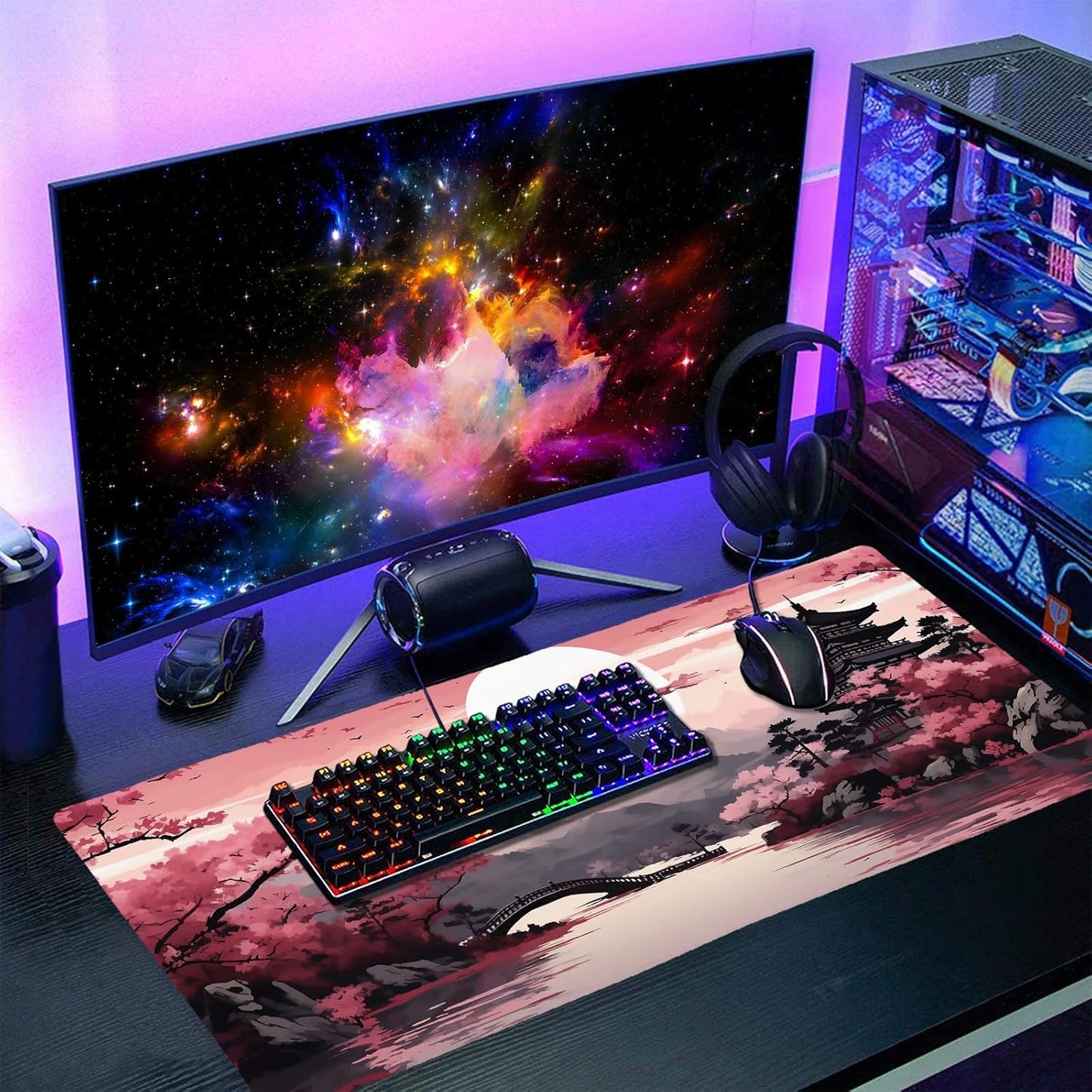 Pink Japanese Sakura Gaming Mouse Pad XXL Cherry Blossom Tower Mountain Landscape Big Extended Large Desk Mat Non-Slip Rubber Base Stitched Edge Long Mousepad for Computer Gamer, 35.4 x 15.7 in