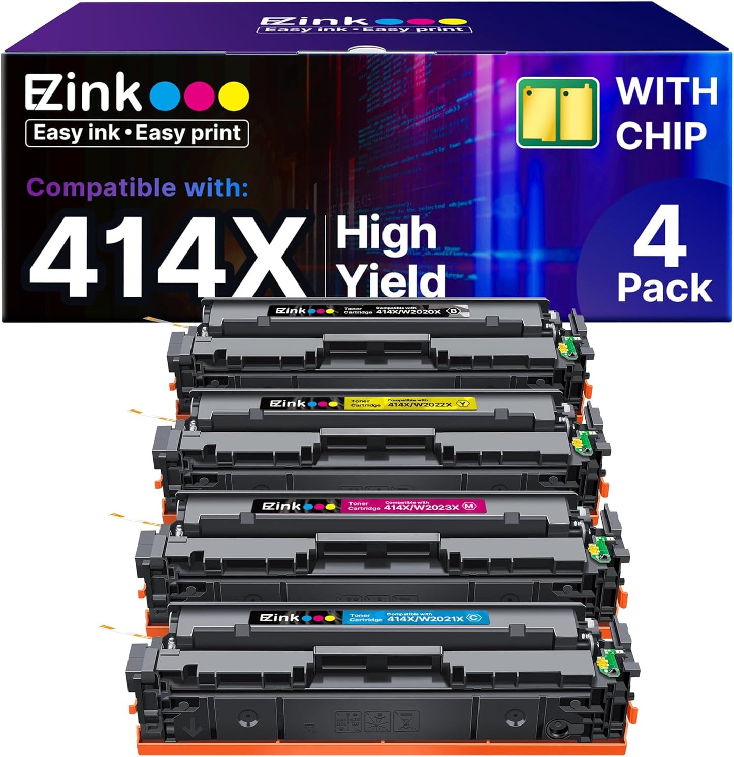 E-Z Ink 414X Toner Cartridges Compatible Replacement for HP 414X 414A W2020X Toner to Use with HP Color Laserjet Pro MFP M479fdw M479fdn M454dw M454dn M479 (4 Pack High Yield with Chip)