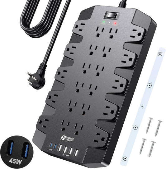 SUPERDANNY Power Strip Surge Protector with 10ft Extension Cord - 22 Outlets, 6 USB Ports, 45W Fast Charging - 1875W/15A, 2100J, 45°Plug, Mountable - Ideal for Home, Office, Gaming, PC, Streaming