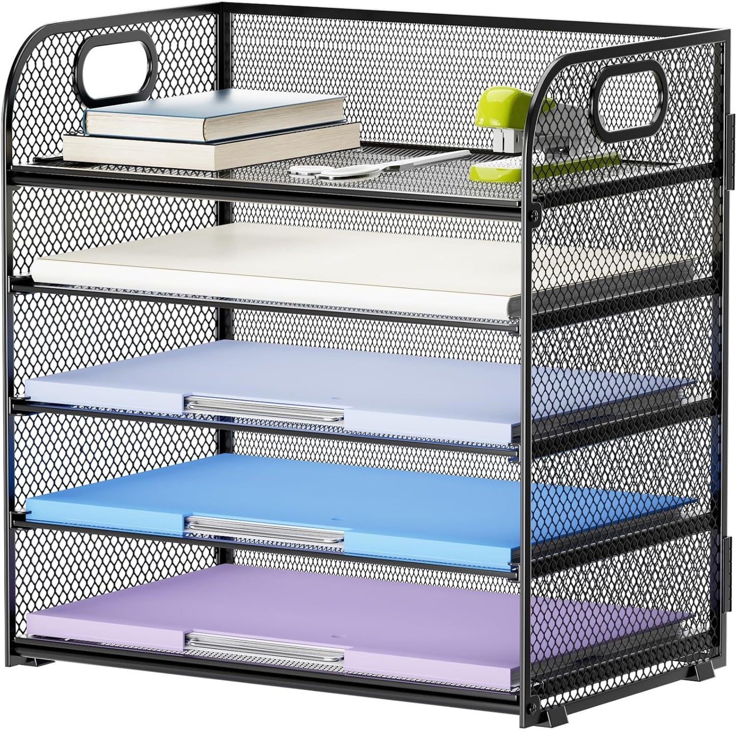 Marbrasse 5 Tier Paper Organizer Letter Tray, Mesh Desk File Organizer with Handle, Paper Sorter Desk Organizer for Home Office Supplies(Black)