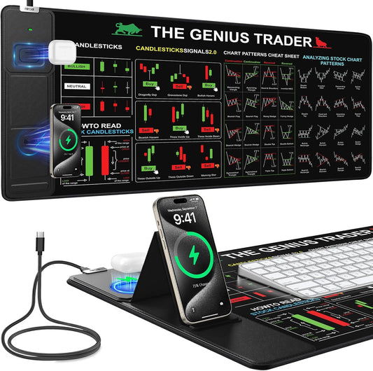 Miroddi Mouse Pad for Stock Enthusiast, Wireless Charging Desk Pad with Phone Holder, Large Desk Mat with Adjustable Stand & Dual Qi Chargers, Non-Slip Mousepad with Financial Trading Guides Printed