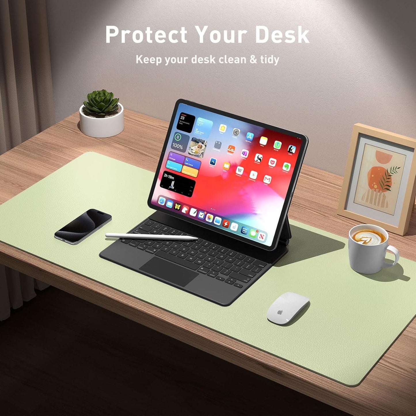 Aothia Leather Desk Pad Protector, Office Desk Mat, Large Mouse Pad, Non-Slip PU Leather Desk Blotter, Laptop Desk Pad, Waterproof Desk Writing Pad for Office and Home (48"x17", Grass Green)