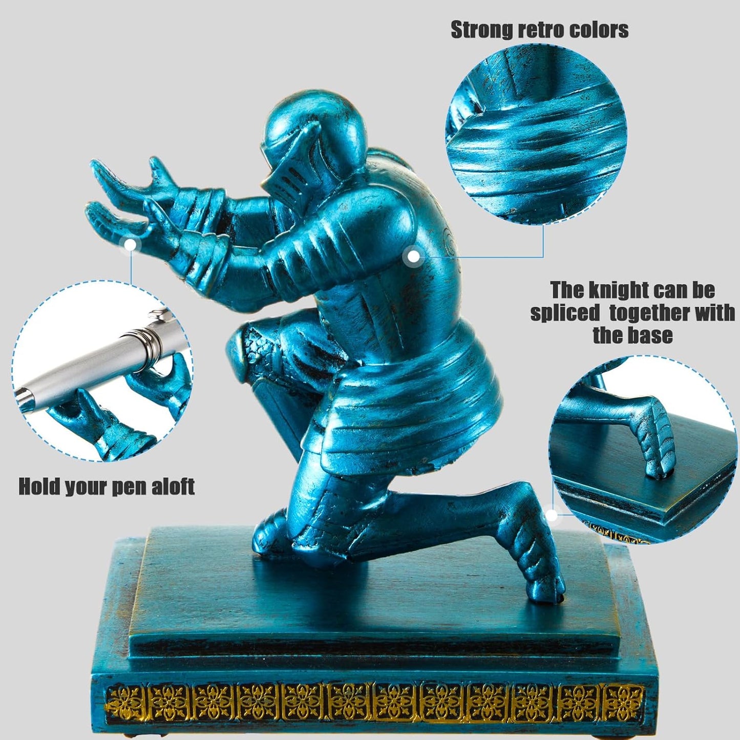 Spakon Knight Pen Holder with 2 Pens Resin Desk Organizers and Accessories Funny Executive Pen Stand Fancy Cool Office Gadgets Cool Desk Decorations for Men Home Supplies(Classic,Blue)